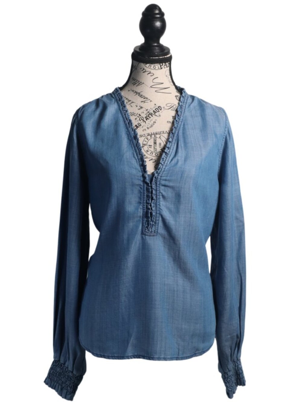 NWT White House Black Market Chambray Ruffle Blouse Blue Size S - Picture 2 of 4